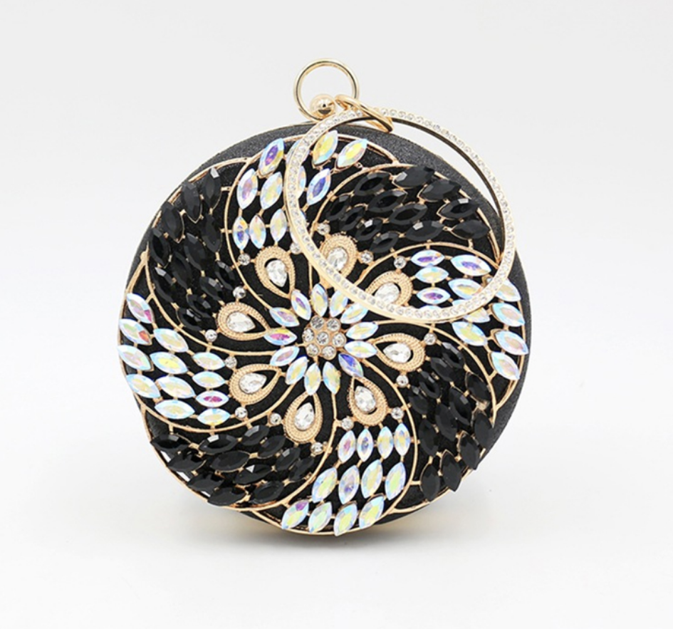 Black Crystal Round Clutch - Zoha Los Angeles