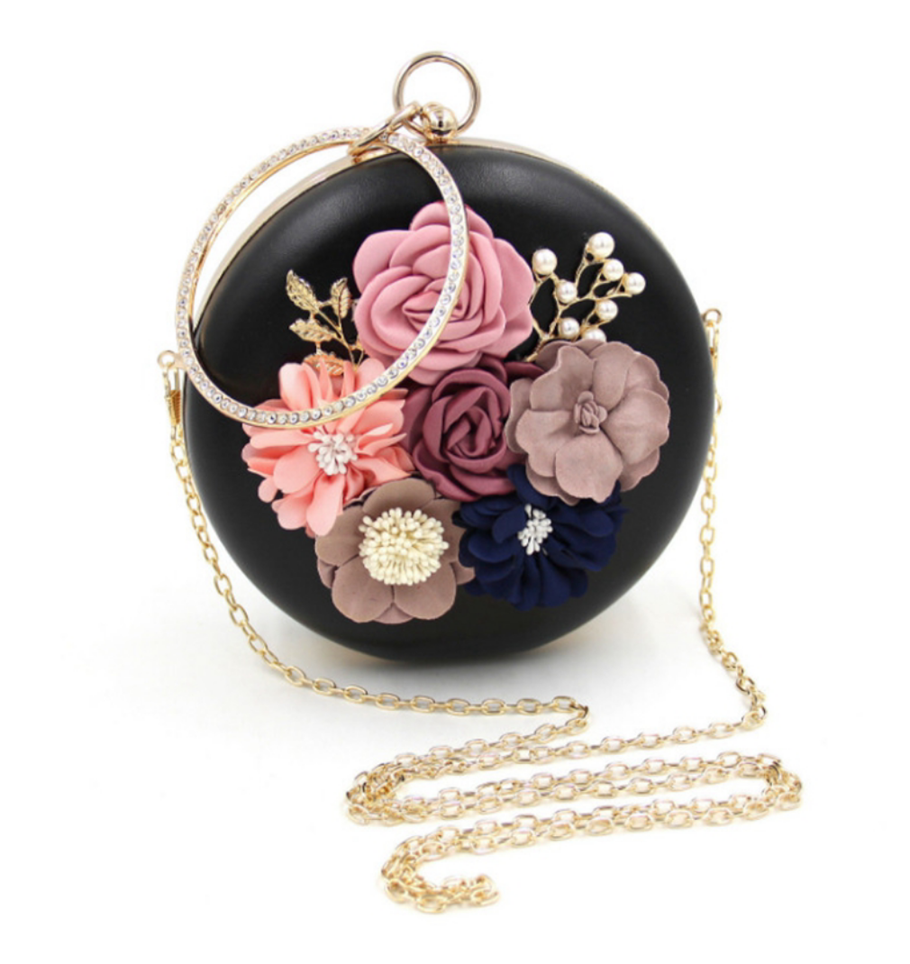 Black Flower Round Clutch - Zoha Los Angeles