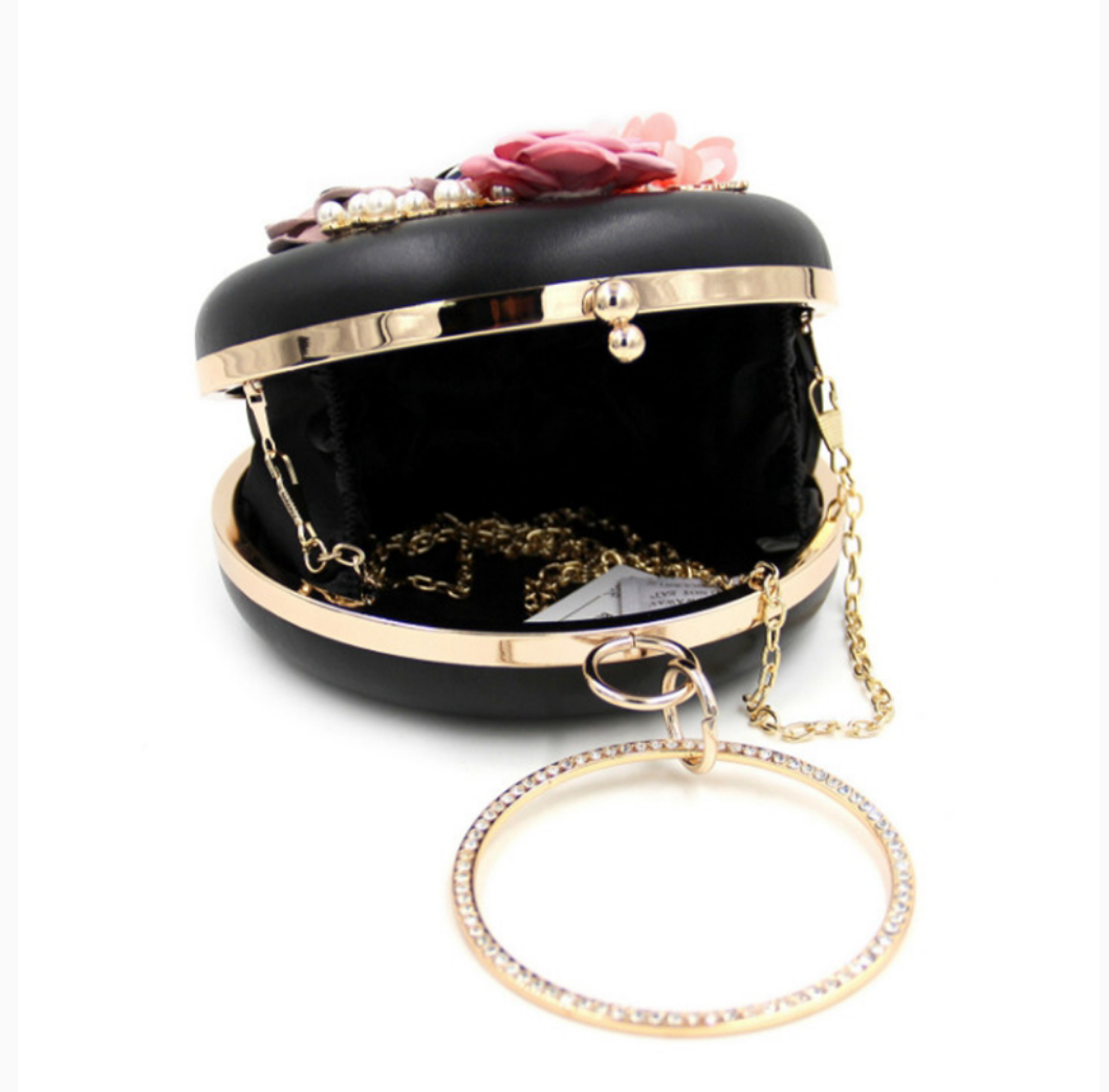 Black Flower Round Clutch - Zoha Los Angeles