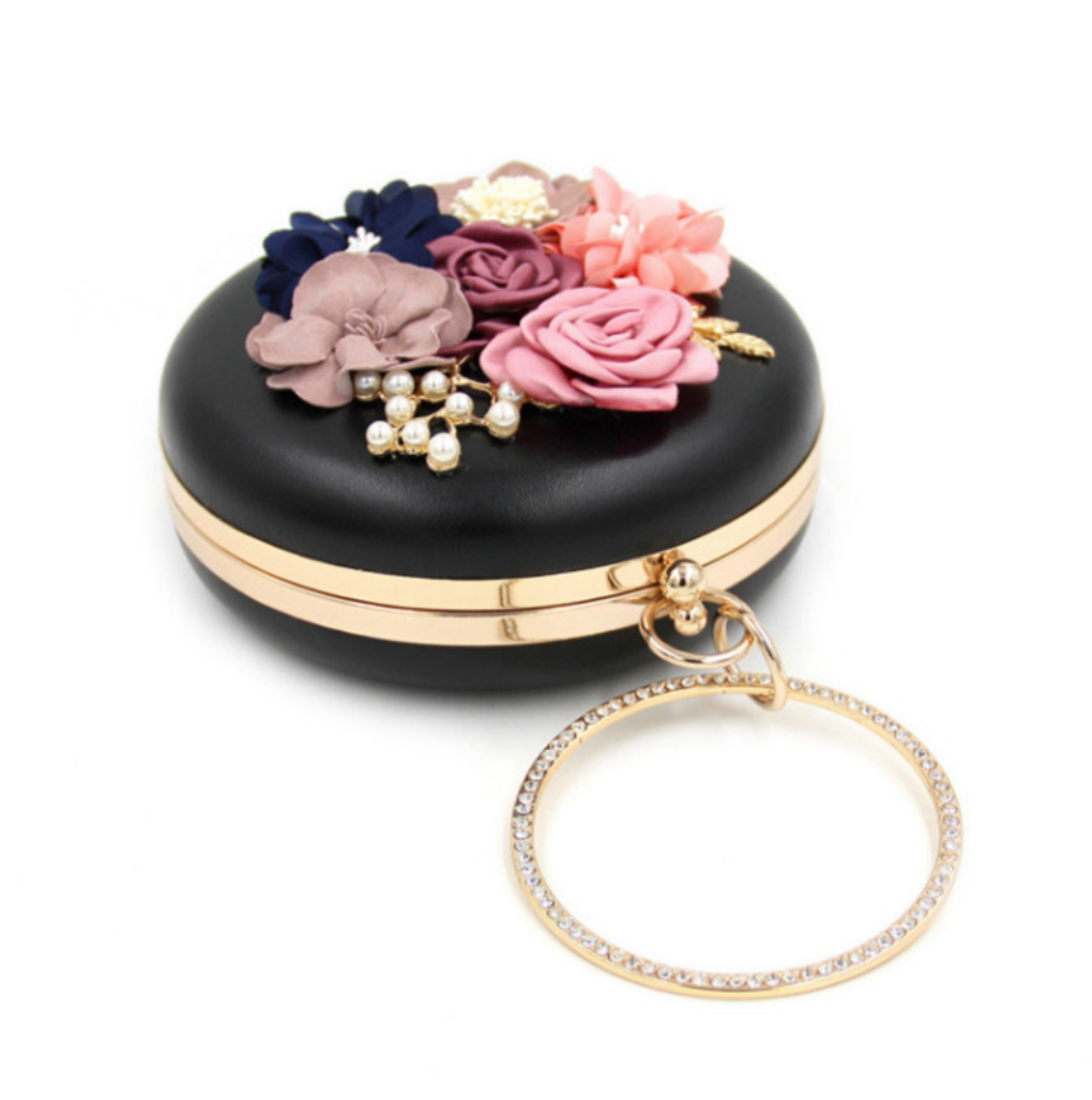 Black Flower Round Clutch - Zoha Los Angeles