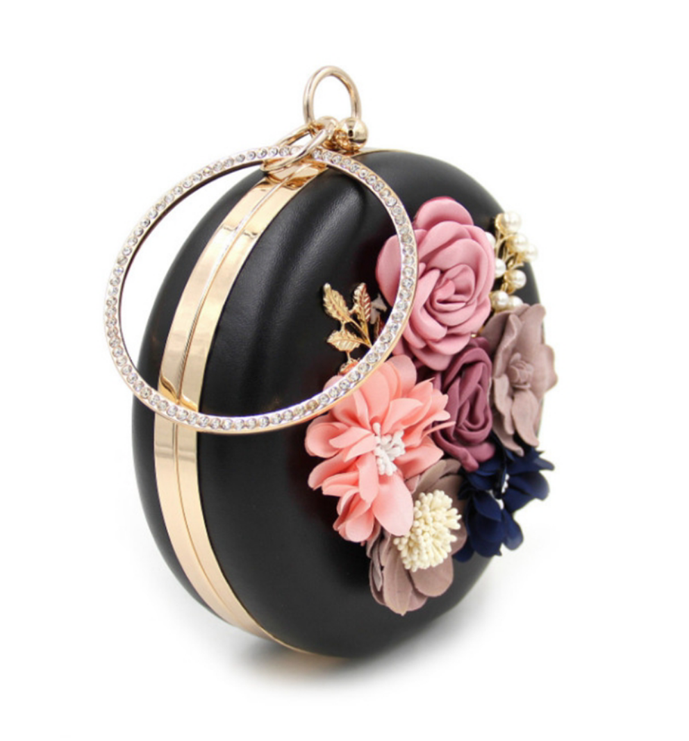 Black Flower Round Clutch - Zoha Los Angeles