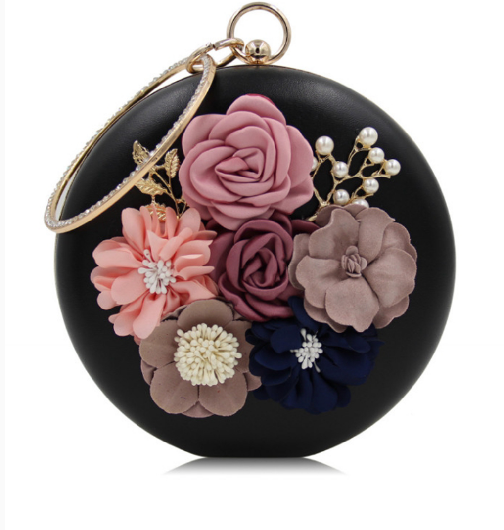 Black Flower Round Clutch - Zoha Los Angeles